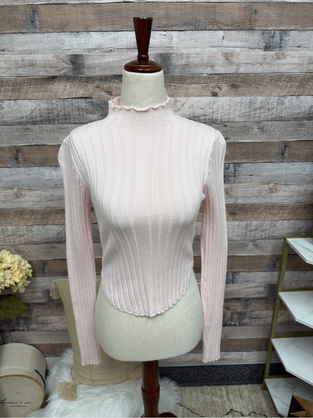 Altar'd State Light Pink Ribbed Mock Neck Long Sleeve Top